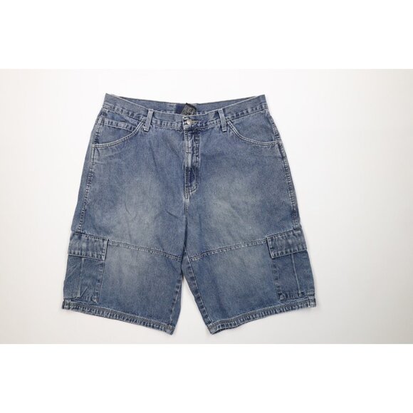 Vintage 90s Y2K Streetwear Mens 38 Distressed Baggy Fit Cargo Denim Shorts Jorts - Picture 1 of 14